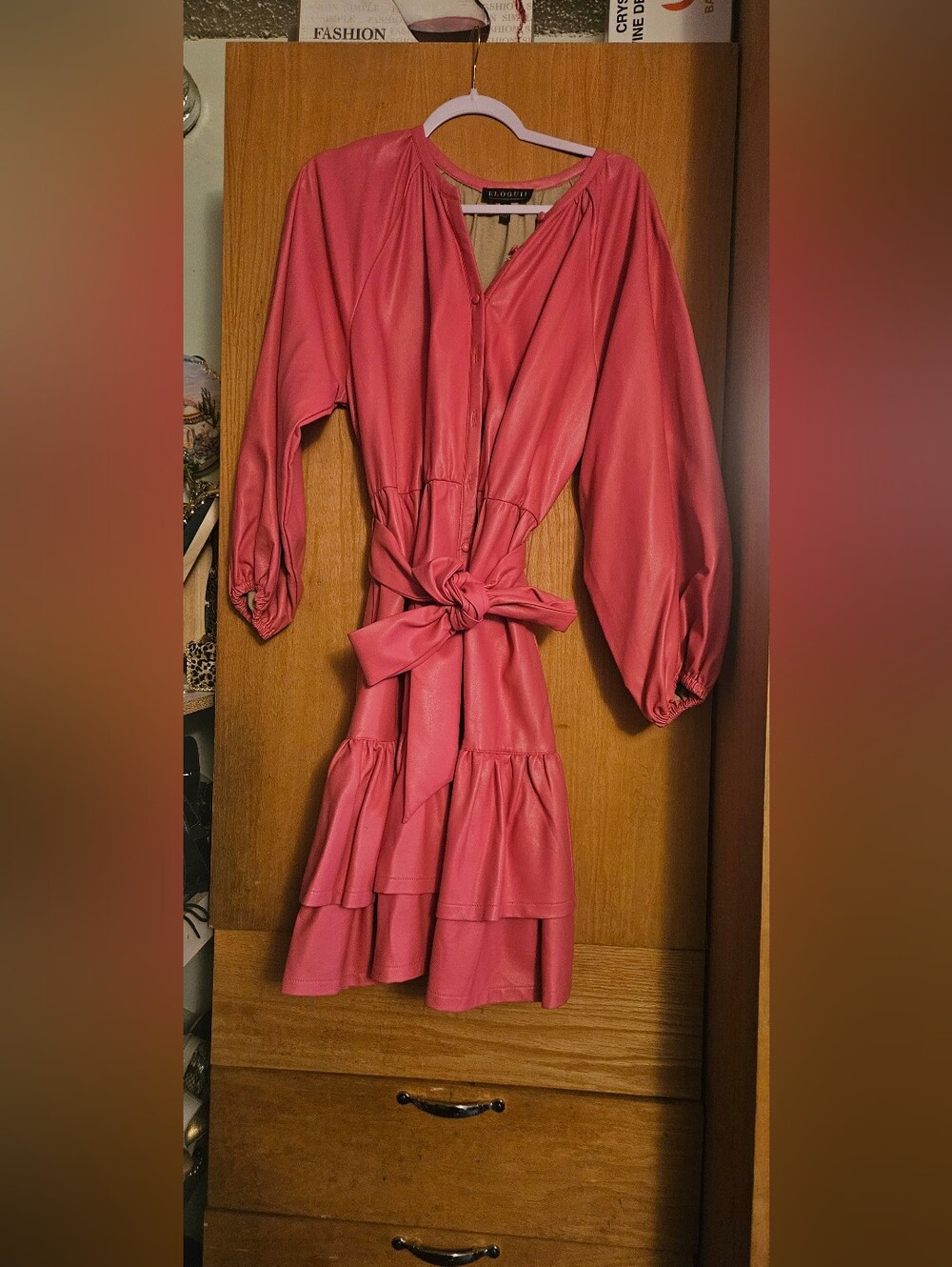 Pink Faux-Leather Tiered Tie-Waist Midi Dress